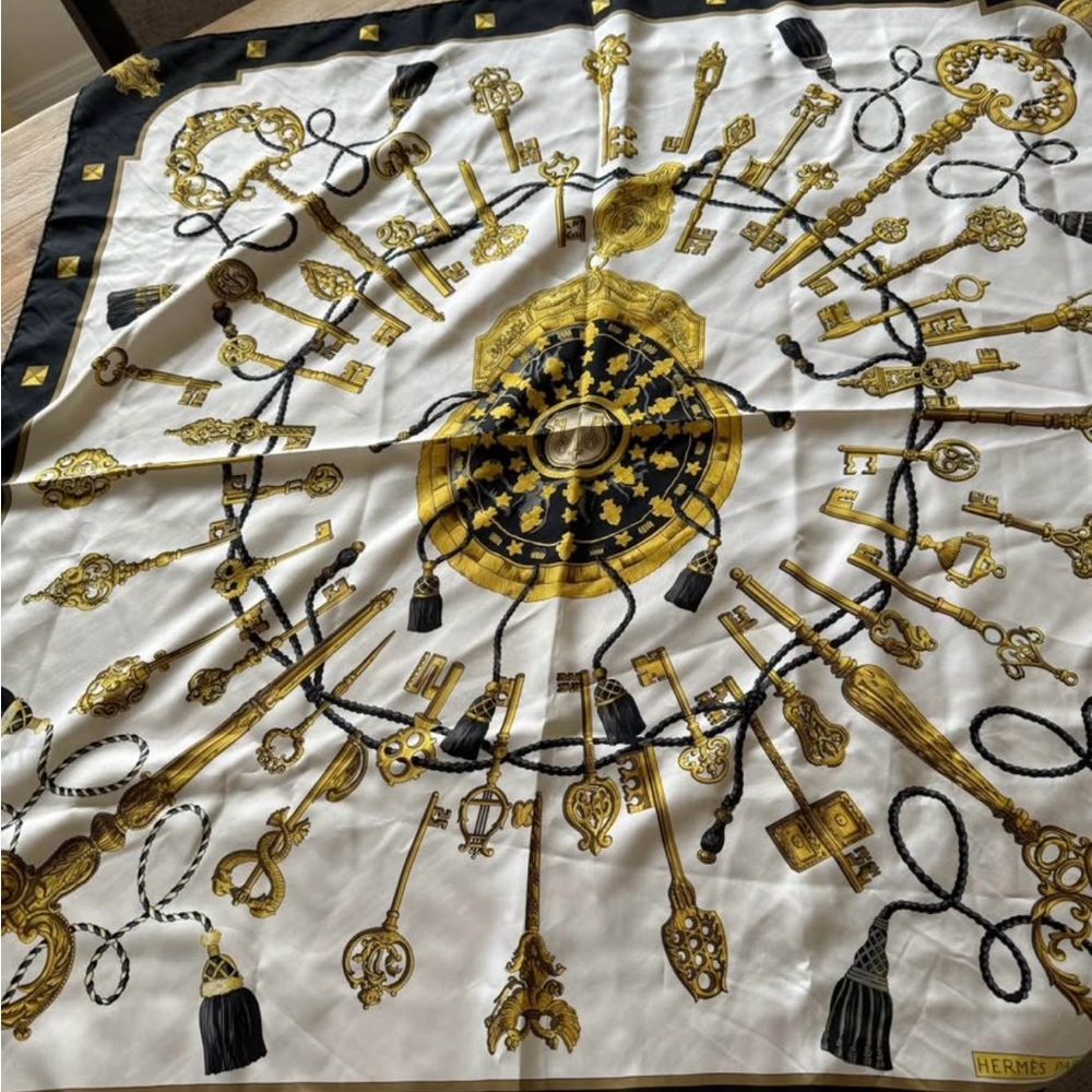 Hermes White and Gold Scarf
